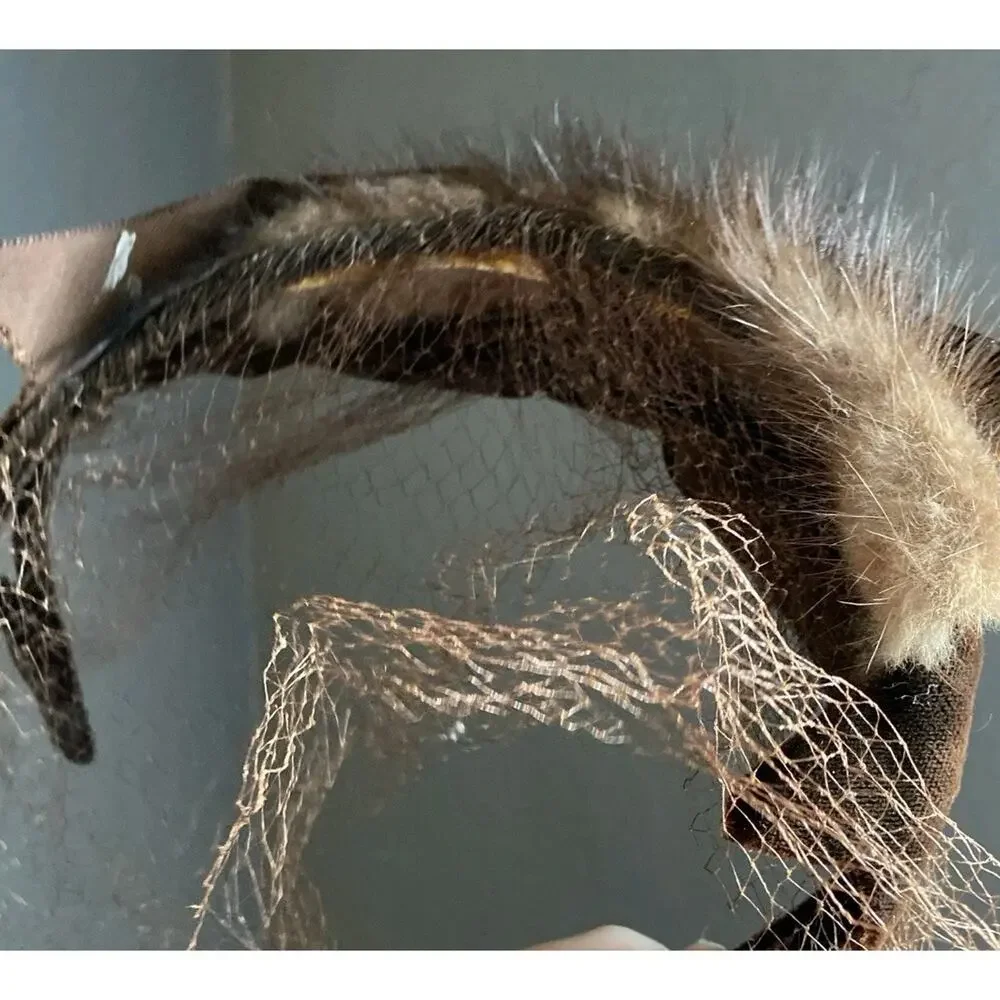 Vtg Mink Fur Brown Velvet Bow Veil Fascinator Hat Open Crown Pill Box 1940s